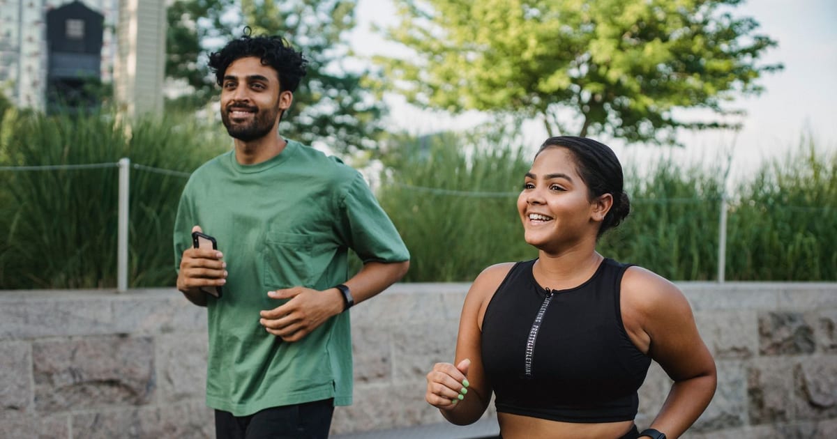 Man and woman smiling while jogging outdoors
